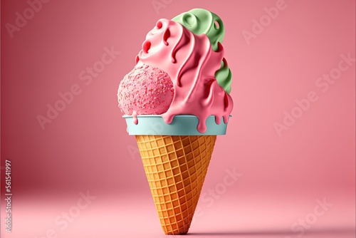  a pink ice cream cone with two scoops of ice cream on top of it, on a pink background, with a shadow of the cone and a pink background with a pink background.