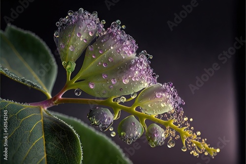  a close up of a flower with water droplets on it's petals and leaves with a dark background behind it, with a purple hued light and dark background, with a few green leaves. photo