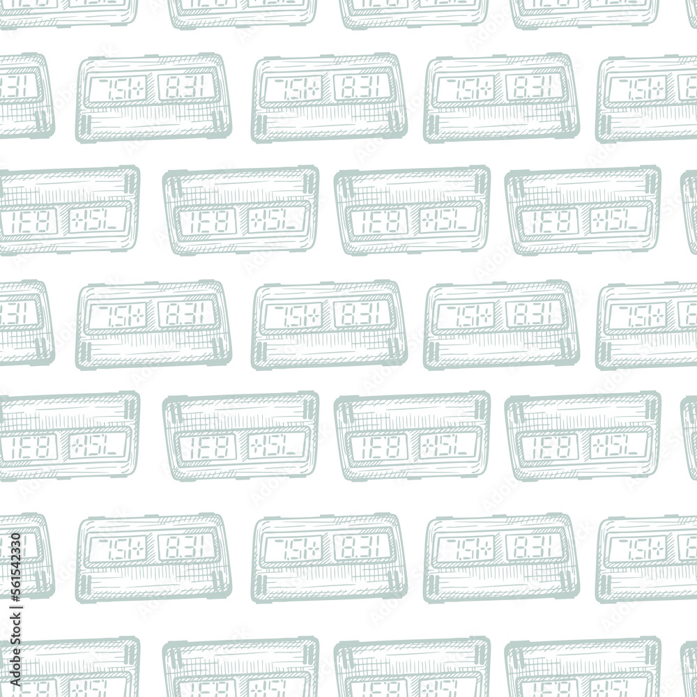 Chess clock electric engraved seamless pattern. Retro watch for chess game in hand drawn style. Sketch texture for fabric, wallpaper, textile, print, title, wrapping paper. Vector illustration. Chess clock electric engraved seamless pattern. Retro watch for chess game in hand drawn style. Sketch texture for fabric, wallpaper, textile, print, title, wrapping paper. Vector illustration.