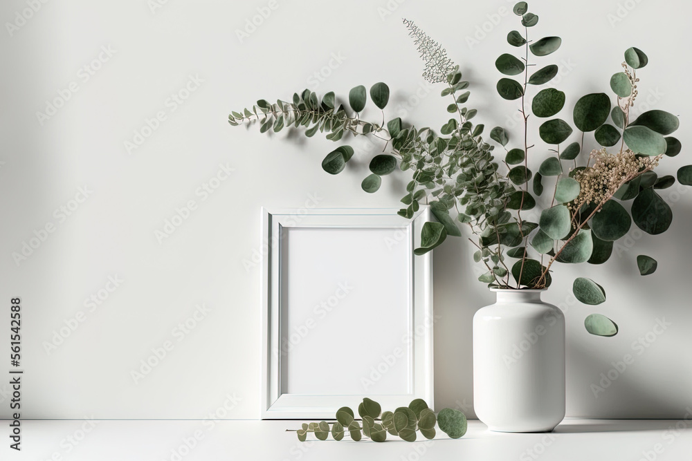 Fototapeta premium Blank picture frame mockup in scandinavian style over white wall with green eucalyptus in vase, mockup with copy space. Generative AI