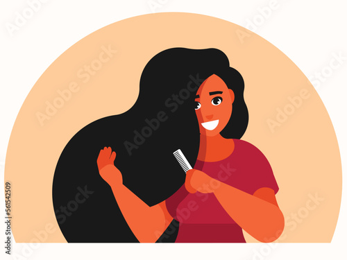 Care for long hair concept. Young woman combing, making hairdo by comb. Portrait of cute girl with beautiful perfect hair. Self hairdresser. Vector graphics