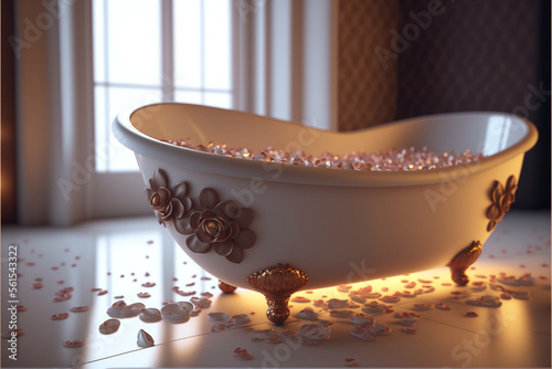 Romantic bath with petals of roses