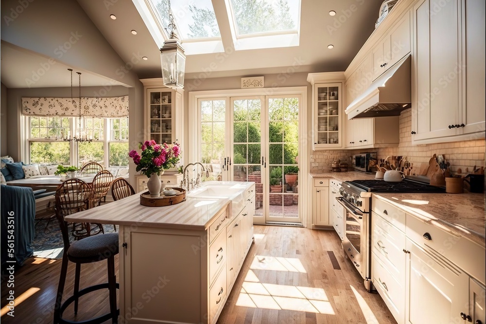  a kitchen with a center island and a skylight above it and a dining table and chairs in the center of the room with a table and a vase of flowers on the counter top.