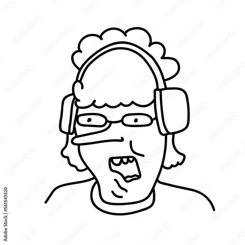 Obraz premium Hand drawn doodle portrait of speaking human with long nose and curly hair. Avatar with cartoon person with big headphones and glasses in caricature style. 
