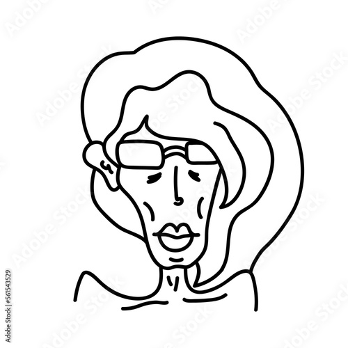 Hand drawn doodle portrait of skinny person in sunglasses. Caricature of thin, scrawny human with small nose, big lips, sharp cheekbones and long hair. Cartoon avatar