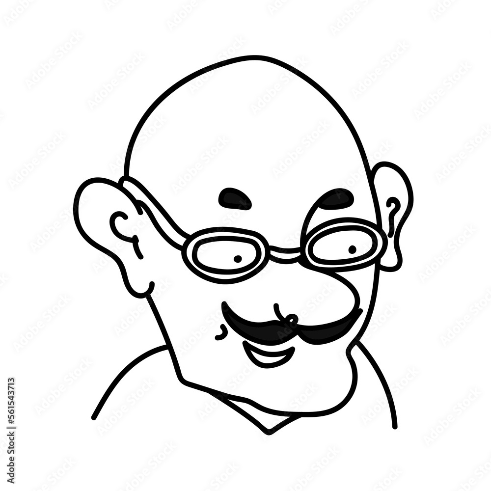 Hand drawn doodle portrait of cheerful bald man with black mustache and eyebrows. Caricature avatar of person with big ears. Profile of linear human in glasses isolated on white background. Hand drawn doodle portrait of cheerful bald man with black mustache and eyebrows. Caricature avatar of person with big ears. Profile of linear human in glasses isolated on white background.