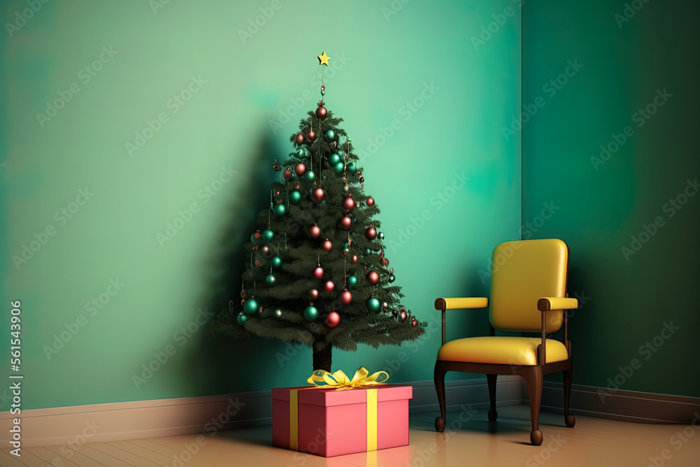 Small Christmas tree with gifts on chair near color wall in room. Generative AI Small Christmas tree with gifts on chair near color wall in room. Generative AI
