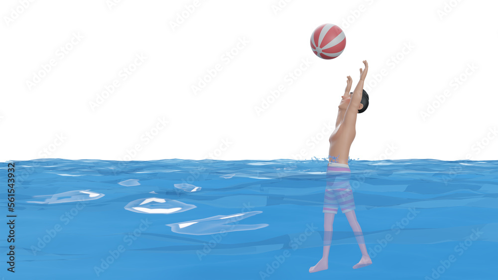 3d rendering. Male  playing in the pool with a beach ball. Full length portrait of smiling young man in swimsuit playing with beach ball.