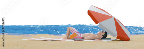 3d rendering. Sunbathing under sun umbrella . Relaxing figure. Full body person on white. Beach time. #561544551