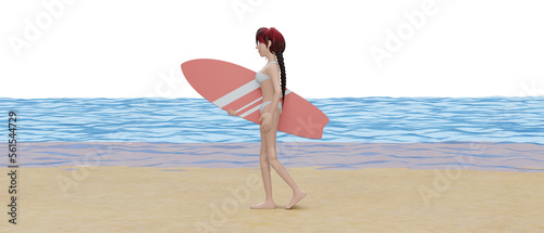 3d rendering. Happy surfer in blue swimwear with a white and red surfboard goes to the beach.  Girl isolated on white background. Illustration in flat cartoon style can be used for summer design.
