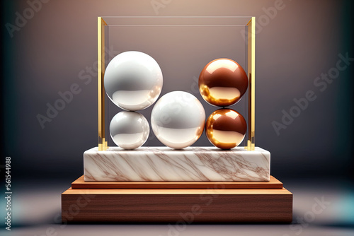 Rectangle marble podium and glass balls with wood background. for product display. product display. Generative AI