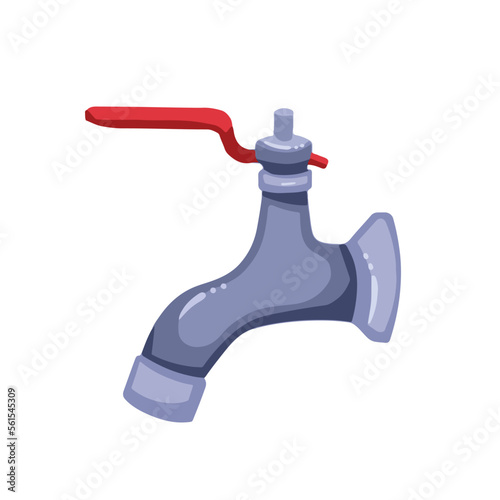 Colored stainless steel tap faucet with red handle vector illustration isolated on white background. Cartoon home tool equipment drawing with cartoon simple art style.