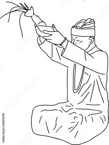 Outline sketch of praying Balinese man in traditional dress sacred raised his hands to the sky 