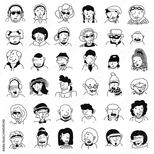 Big collection of various hand drawn doodle people - children, teens, adults, seniors. Linear cartoon characters with different emotions. Set of human portraits, comic avatars, diverse faces
