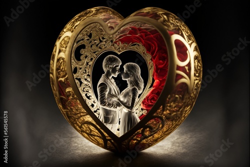 An embracing couple in love inside a beautiful precious metal golden heart with rose petals, two transparent lovers looking at each other, black background, light, lamp, decoration for Valentine's Day