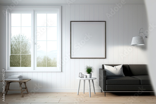 Interior of a light living room with an empty white poster  a window with a view of the countryside  a sofa  a chair  and a wooden parquet floor. Design idea for a modern flat. a mockup. Generative AI