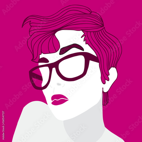 Woman with glasses, without eyes, pink, thinking