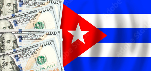 Photography Dollars on flag of Cuba, Cuban finance, subsidies, social support, GDP concept