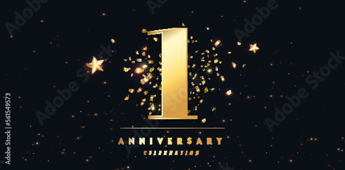 1st Year anniversary celebration background. 3D Golden number 1 with gold confetti stars on black background.