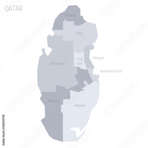 Qatar political map of administrative divisions - municipalities. Grey vector map with labels.
