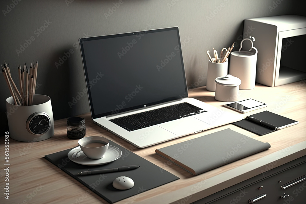 Occupational concept Laptop mockup with a blank screen on a desk. laptop and office supplies at the workspace. Generative AI Occupational concept Laptop mockup with a blank screen on a desk. laptop and office supplies at the workspace. Generative AI