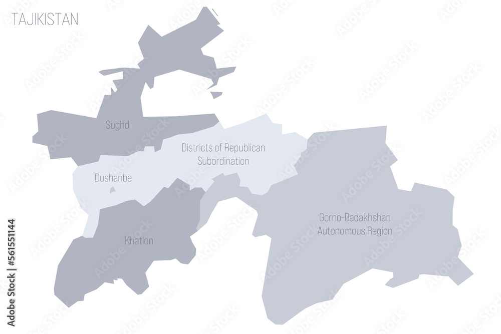 Tajikistan political map of administrative divisions - regions, autonomous region of Gorno-Badakhshan, districts of Republican Subordination and capital city of Dushanbe. Grey vector map with labels.