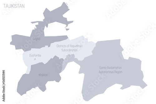 Tajikistan political map of administrative divisions - regions, autonomous region of Gorno-Badakhshan, districts of Republican Subordination and capital city of Dushanbe. Grey vector map with labels.
