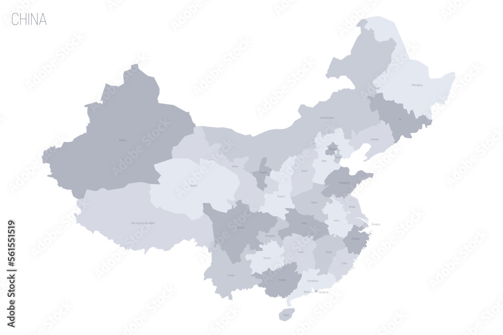 China political map of administrative divisions - provinces, autonomous regions and municipalities. Grey vector map with labels.