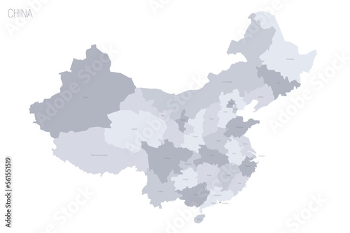 China political map of administrative divisions - provinces, autonomous regions and municipalities. Grey vector map with labels. photo