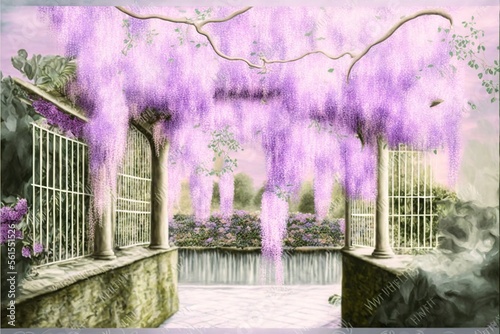  a painting of a purple wister tree in a garden with a fountain and a bird in the distance, with a pink sky and purple background with a white border and a pink border. photo