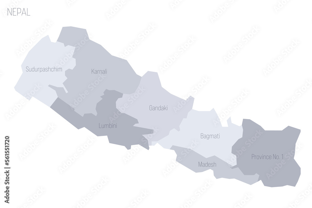 Fototapeta premium Nepal political map of administrative divisions - provinces. Grey vector map with labels.