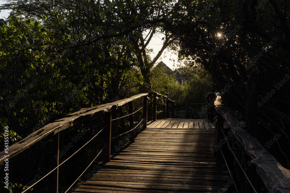 Sun rises over a footbridge