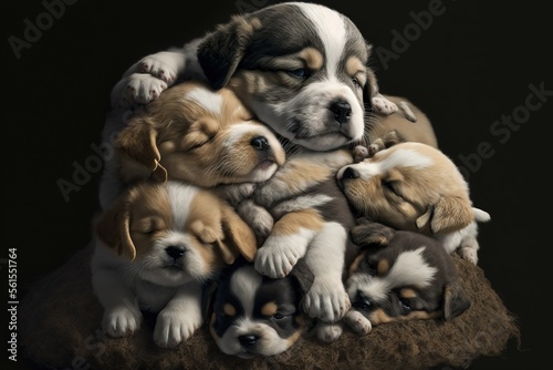  a group of puppies are huddled together on a pillow in the dark room, with one sleeping on the other side of the puppies's head and the other end of the puppies. © Anna
