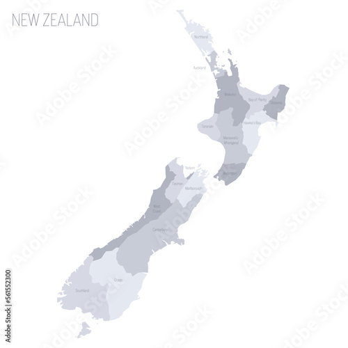 New Zealand political map of administrative divisions - regions. Grey vector map with labels.