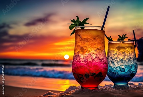 Fototapet illustration, refreshing cocktails by the sea, image generated by AI