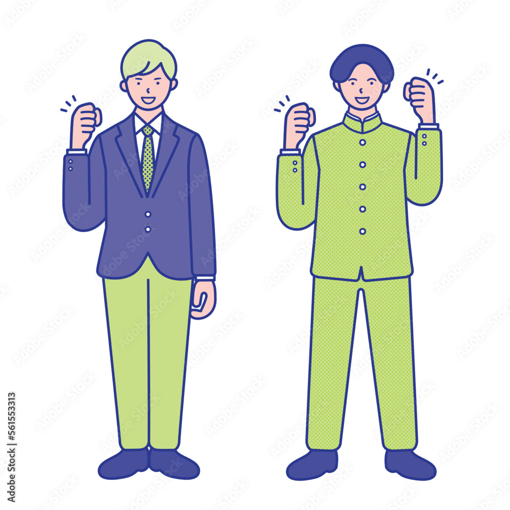 ガッツポーズをする男子学生の全身イラスト素材【セット】 ガッツポーズをする男子学生の全身イラスト素材【セット】