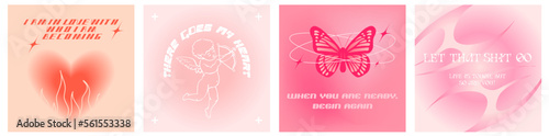 Beautiful postcards with hearts, quotes, butterflies, cupid for instagram post. Trendy gradients, typography, y2k. Social media post templates for digital marketing and sales promotion.