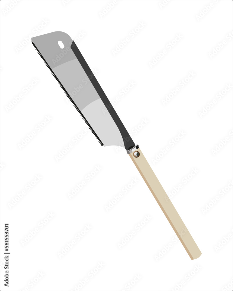 Vector Illustration Hand Pruning Folding Saw isolated. Carpentry hand tools. This saw is used to cut a wide range on the large end of wood thicknesses or trim live shrubs and trees. Vector Illustration Hand Pruning Folding Saw isolated. Carpentry hand tools. This saw is used to cut a wide range on the large end of wood thicknesses or trim live shrubs and trees.