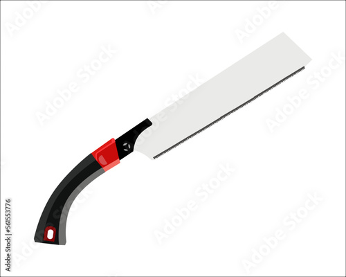 Vector Illustration Hand Pruning Folding Saw isolated. Carpentry hand tools. This saw is used to cut a wide range on the large end of wood thicknesses or trim live shrubs and trees.