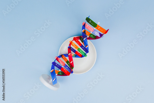 DNA helix structure and the fork in the middle, DNA and nutrition effect human life, DNA food and genetically modified foods