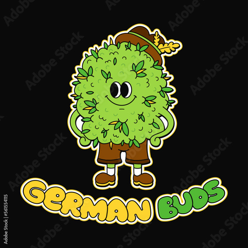 Cute cannabis bud character. German buds logo concept. Vector cartoon character icon. Marijuana,weed bud in traditional German costume print for t-shirt,sticker,logo,poster concept