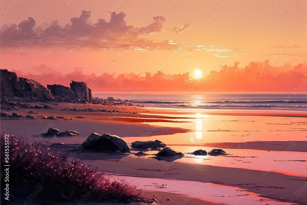 Obraz premium Colorful illustration of sunset in the beach. Genrative AI