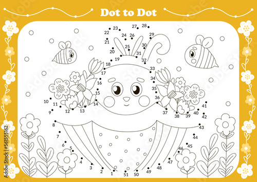 Cute dot to dot game for kids with easter theamed character - bunny in umbrella with bees. Printable worksheet