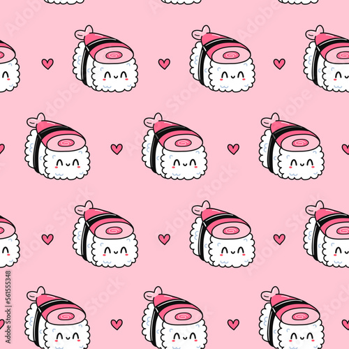 Cute funny asian japanese sushi character seamless pattern. Vector hand drawn cartoon kawaii character illustration icon. Cute kawaii sushi,Japan asia food cartoon seamless pattern concept