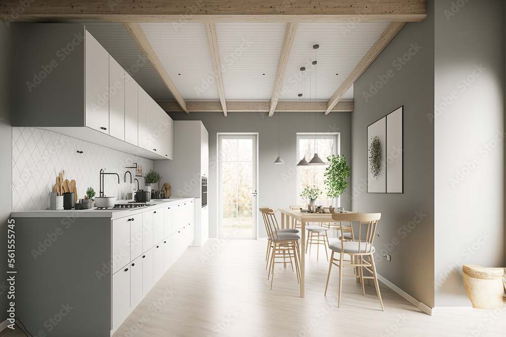 white and gray kitchen with wood. Streamlined and minimal design ...