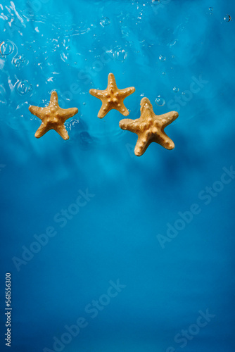 Starfish in bright blue ocean water with waves and bubbles