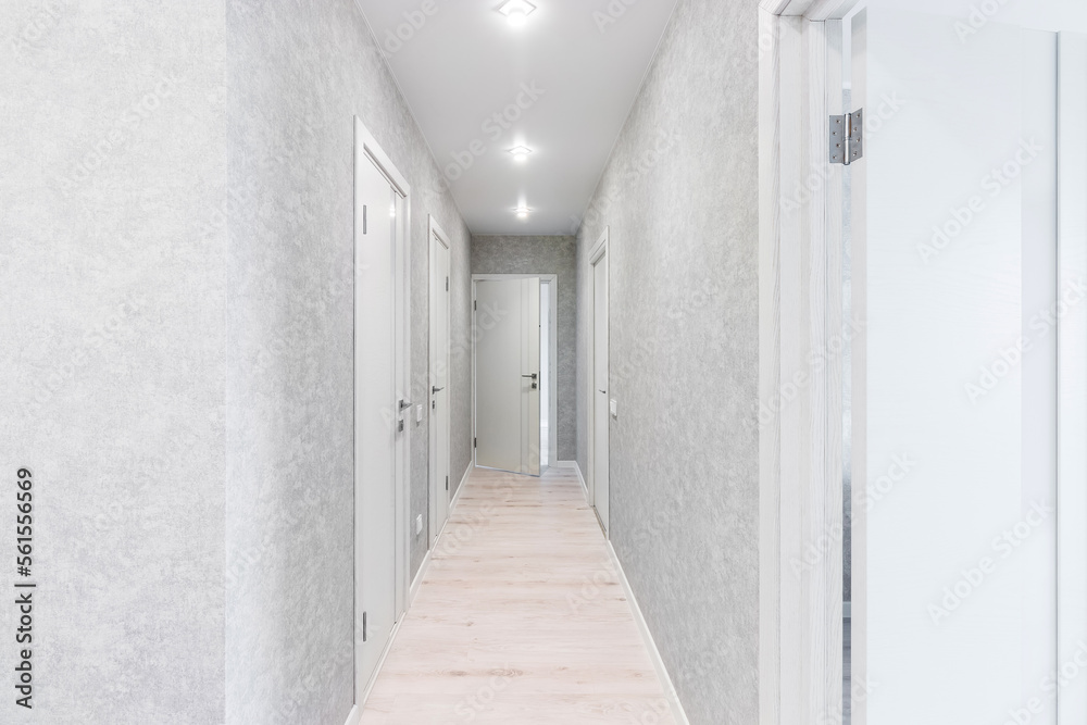 Corridor in with white walls and doors in the apartment