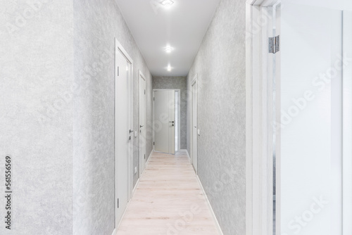 Corridor in with white walls and doors in the apartment