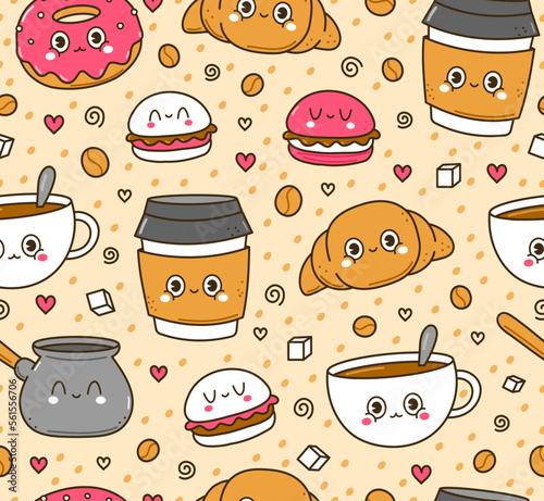 Cute funny coffee seamless pattern,wallpaper,background.Vector hand drawn doodle cartoon kawaii character illustration logo. Cute happy coffee cup,donut cartoon kawaii seamless pattern art concept
