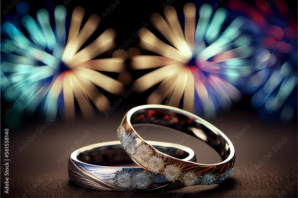 wedding bands with fireworks in the background, happy ever after wedding, generative AI - obrazy, fototapety, plakaty 